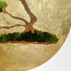 Moss decorations round "Bonsai", wall art made of colored moss with a gold-tone background