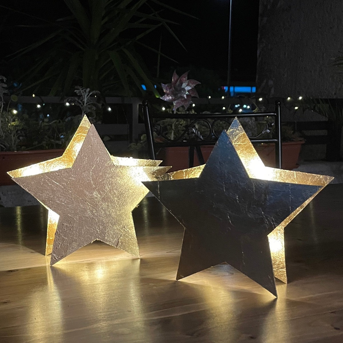 Set di 2 stelle luminose di Natale, fatte a mano, stelle decorative in finitura oro